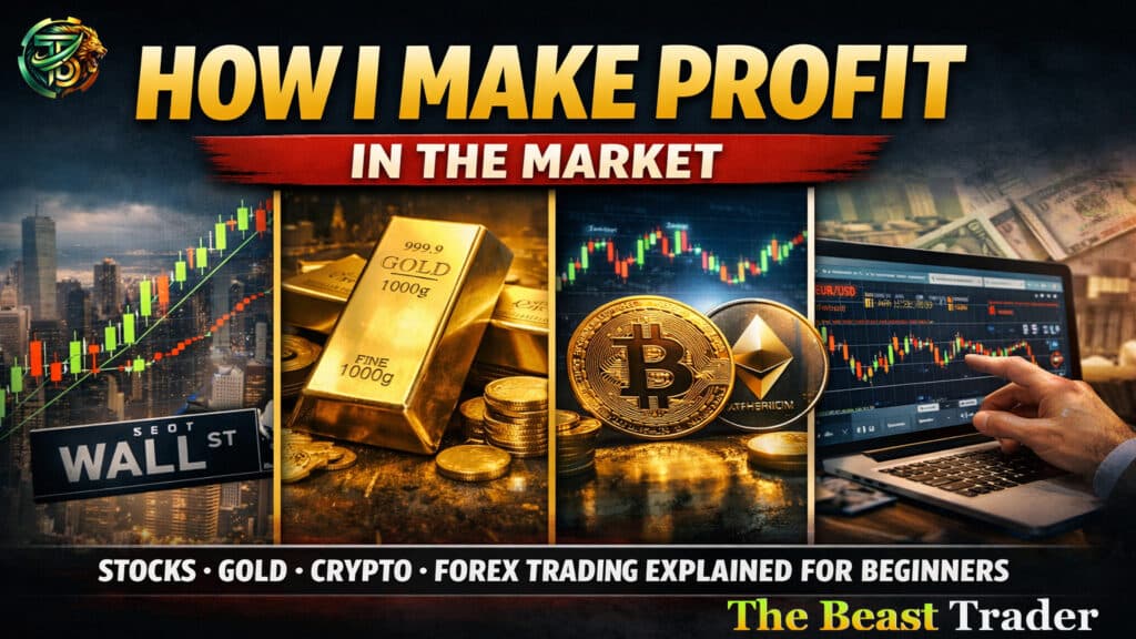 Infographic explaining how to make profit in the financial market using trading strategies, price action and risk management for beginners