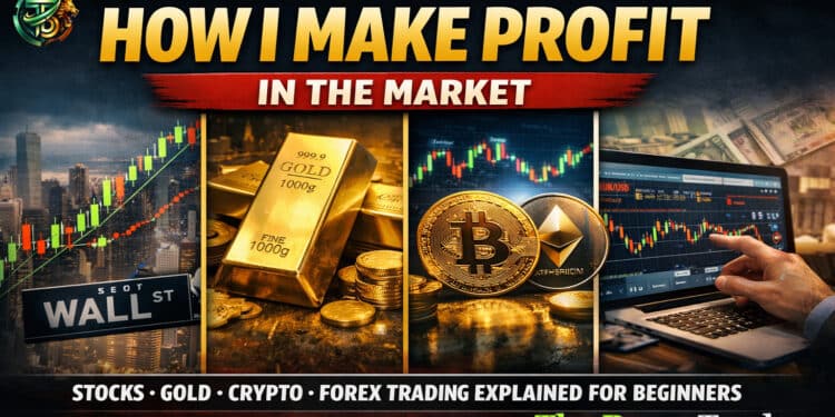 Infographic explaining how to make profit in the financial market using trading strategies, price action and risk management for beginners