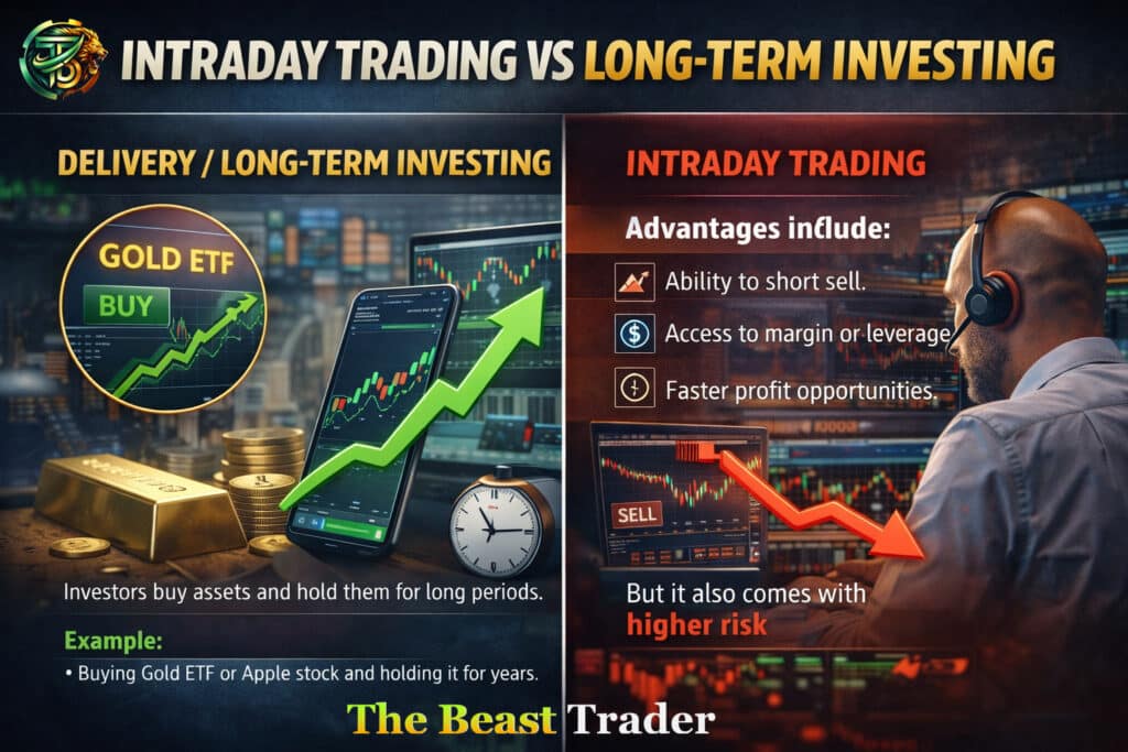 Infographic comparing intraday trading vs long term investing showing short term trading strategy and long term investment growth