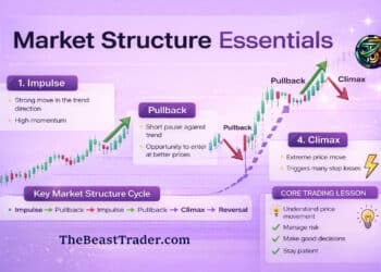Infographic explaining market structure in trading showing impulse moves and pullbacks in price action trend