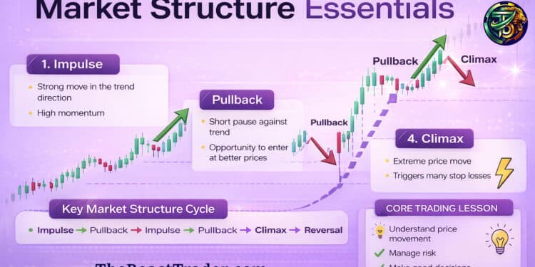 Infographic explaining market structure in trading showing impulse moves and pullbacks in price action trend