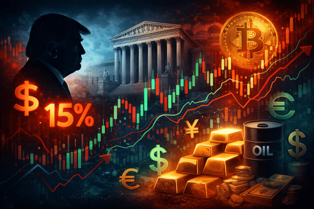 Global markets volatility after US Supreme Court tariff ruling and Trump 15% tariff proposal impacting forex, gold, crypto and commodities