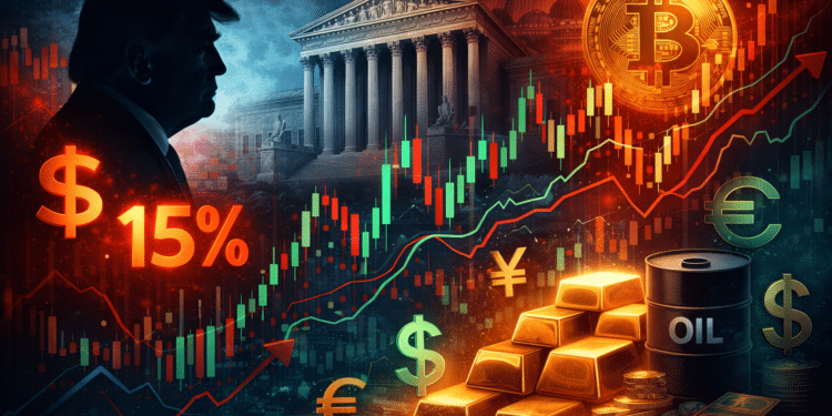 Global markets volatility after US Supreme Court tariff ruling and Trump 15% tariff proposal impacting forex, gold, crypto and commodities