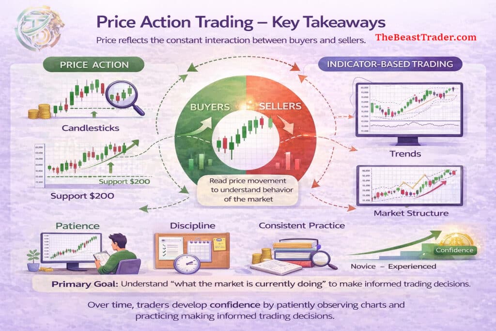 Infographic summarizing price action trading concepts including market trends, support and resistance, and price movement analysis