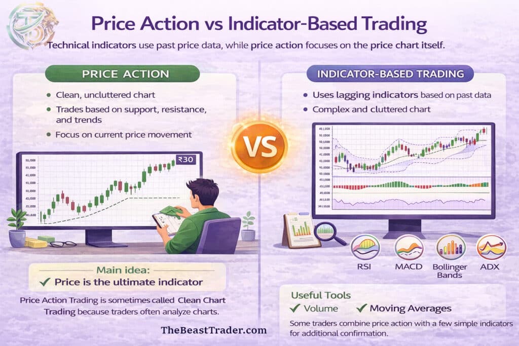 Infographic comparing price action trading vs indicator based trading showing chart analysis and differences between the two methods