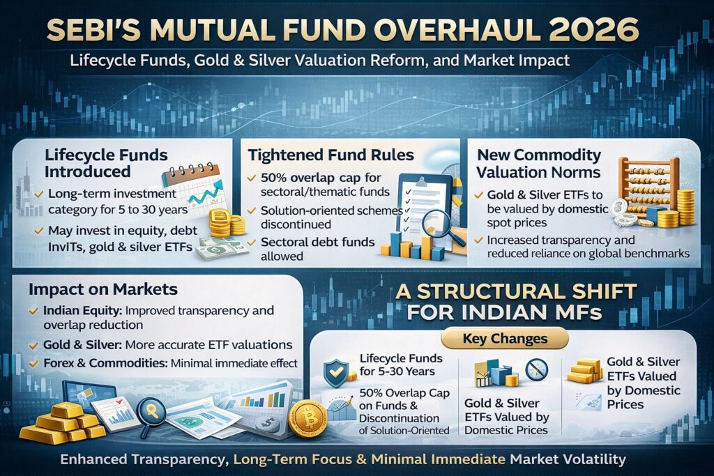 SEBI Mutual Fund New Rules 2026 explaining portfolio overlap cap, lifecycle funds, sectoral debt funds and gold silver valuation changes