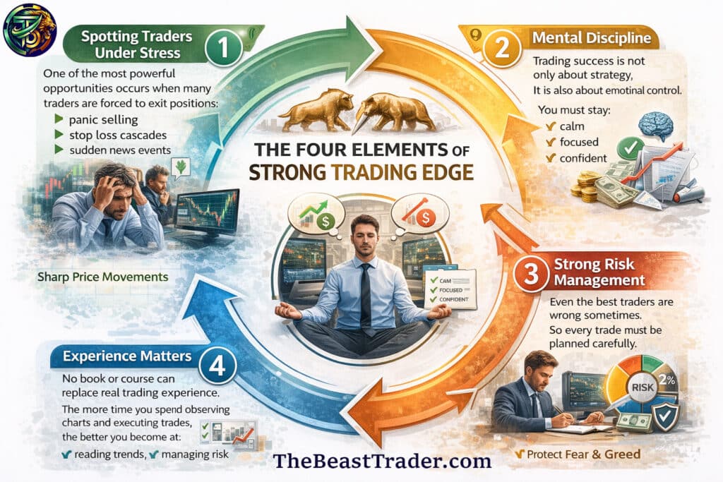Infographic explaining the four elements of a strong trading edge including strategy, risk management, trading psychology and discipline