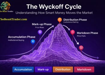 Infographic explaining the Wyckoff Market Cycle showing accumulation, markup, distribution and markdown phases in price action trading