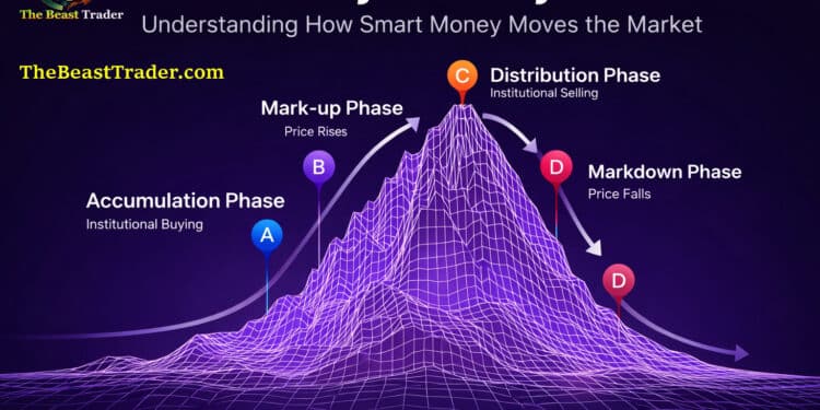 Infographic explaining the Wyckoff Market Cycle showing accumulation, markup, distribution and markdown phases in price action trading