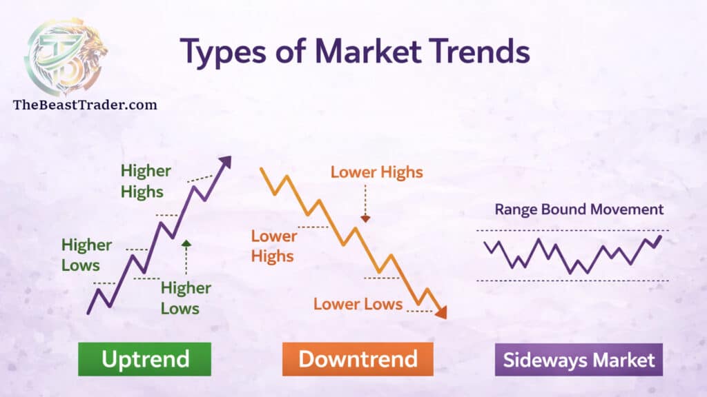 Infographic showing types of market trends in trading including uptrend, downtrend and sideways market with price movement examples