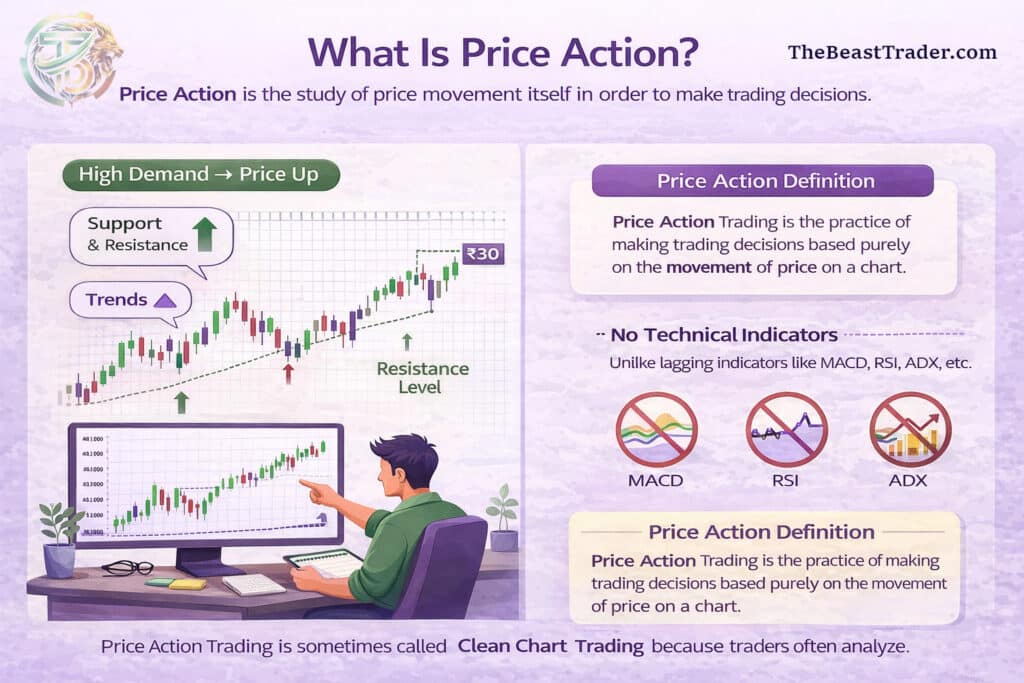 Infographic explaining what price action trading is and how traders analyze price movement using charts, candlesticks, support and resistance