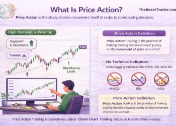 Infographic explaining what price action trading is and how traders analyze price movement using charts, candlesticks, support and resistance