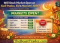 Infographic showing stock market open or closed status during holidays with trading schedule and NSE BSE timings