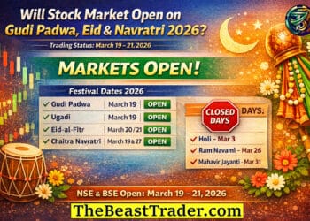 Infographic showing stock market open or closed status during holidays with trading schedule and NSE BSE timings
