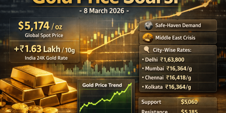 Gold price surge on 8 March 2026 showing ₹1.63 lakh per 10g in India and $5,174 global spot price with rising chart and gold bars