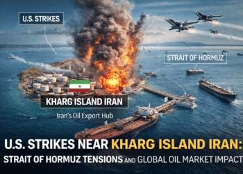 U.S. military strikes near Kharg Island Iran oil export terminal in the Persian Gulf highlighting Strait of Hormuz shipping route and global oil market tensions