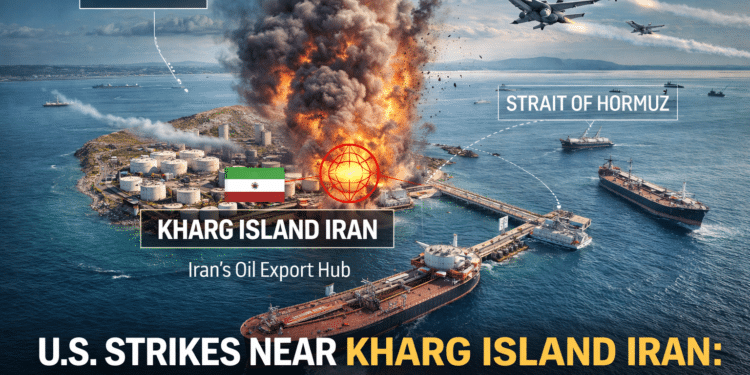 U.S. military strikes near Kharg Island Iran oil export terminal in the Persian Gulf highlighting Strait of Hormuz shipping route and global oil market tensions